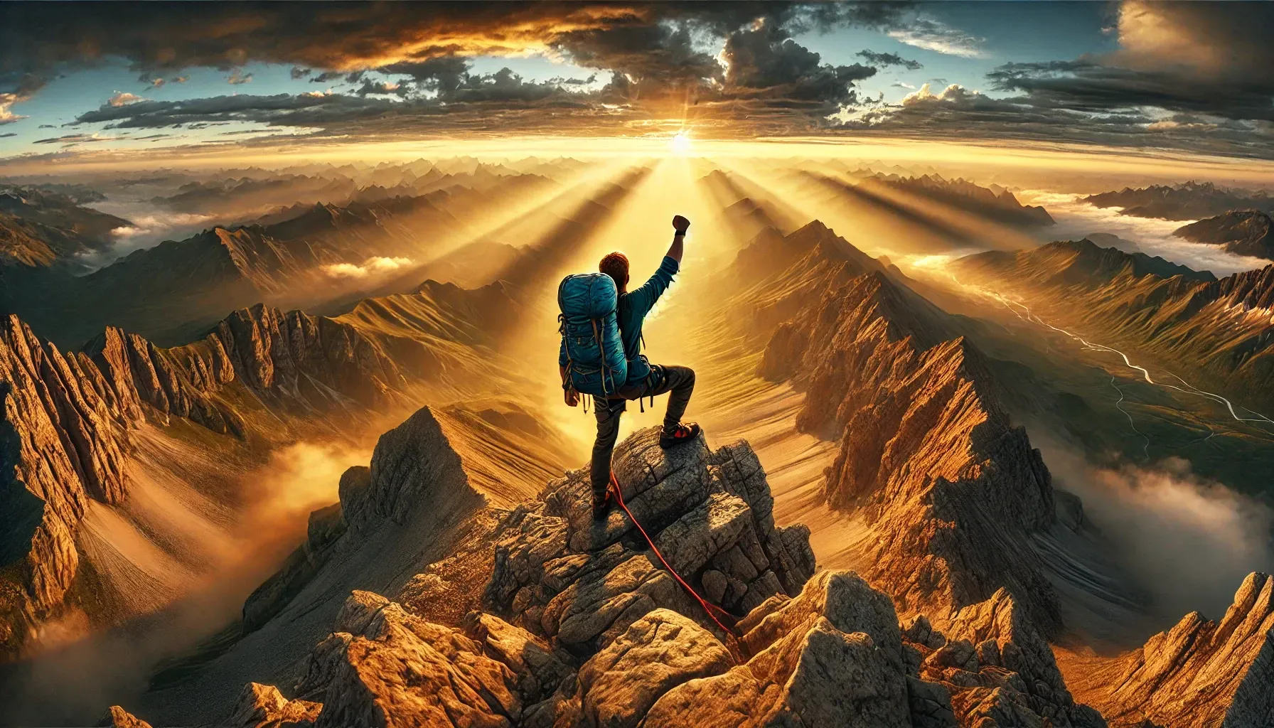 A determined climber reaching the summit of a mountain