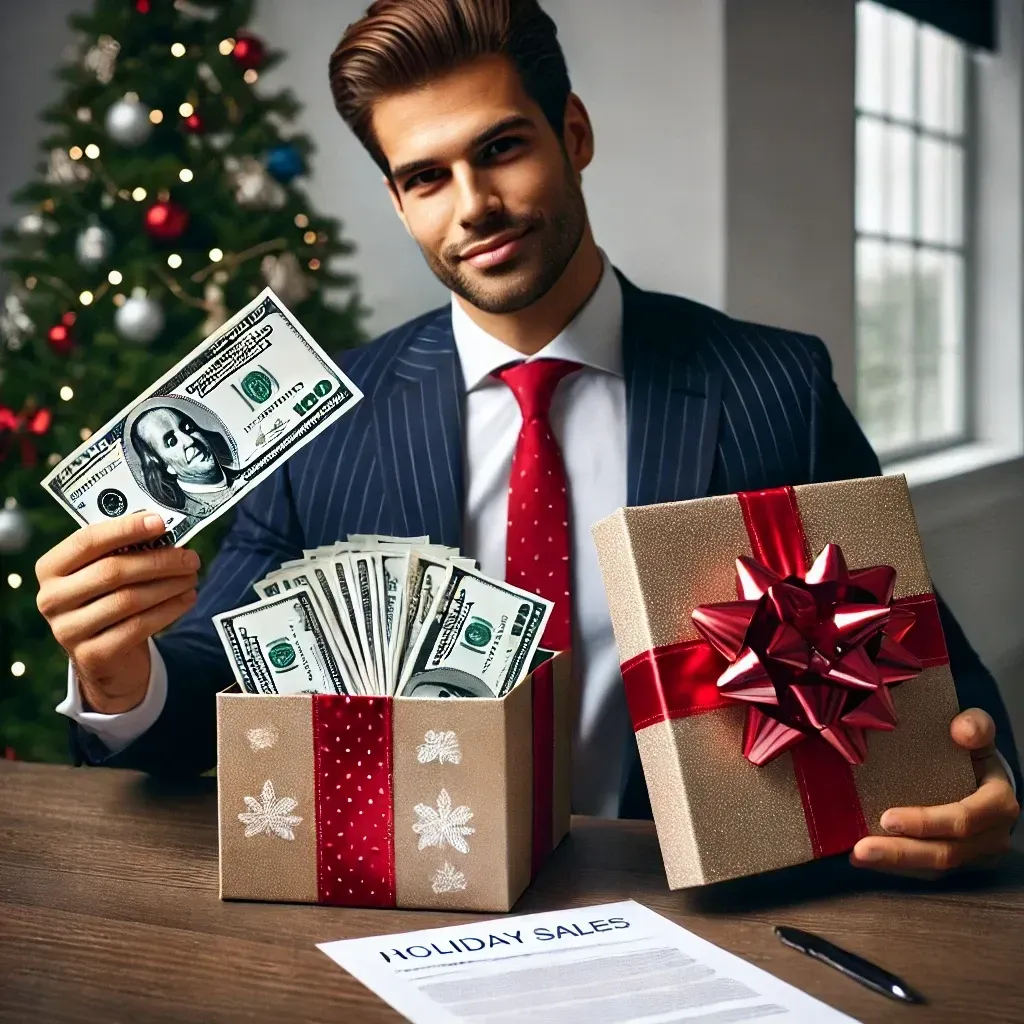 Guy opening a box full of money due to having holiday sales.