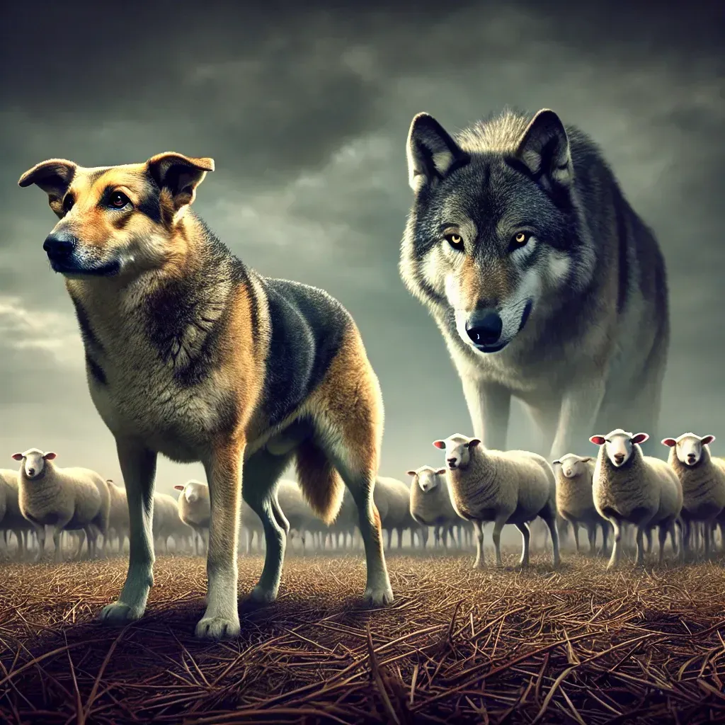 Sheep dog is keep watch over the herd of sheep to protect them from the wolf.
