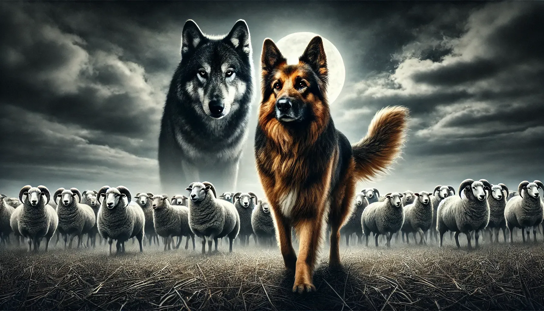 Sheep dog protecting the herd of sheep against the wolf