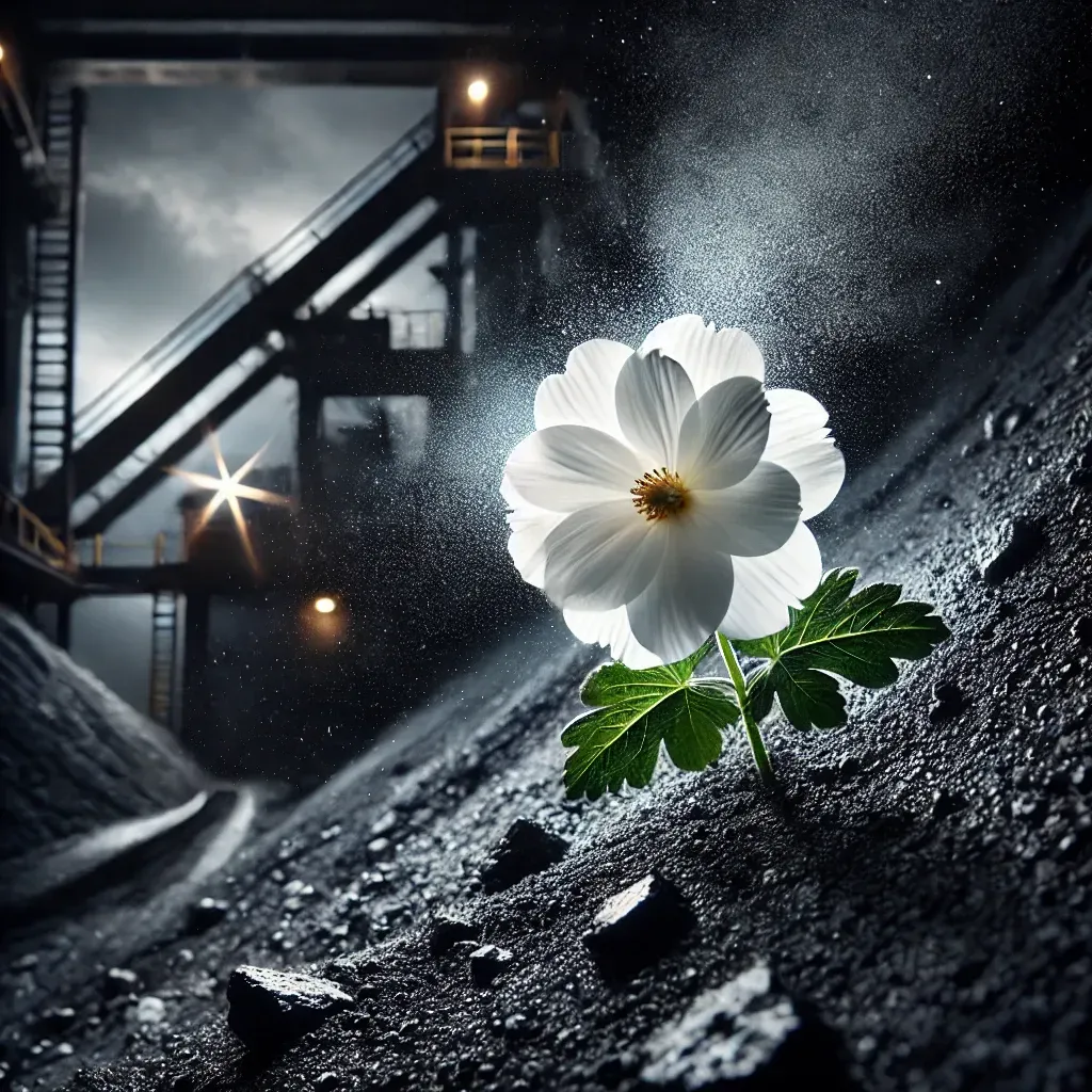 A pristine white flower standing tall in a coal mine, with black dust rolling off its petals.