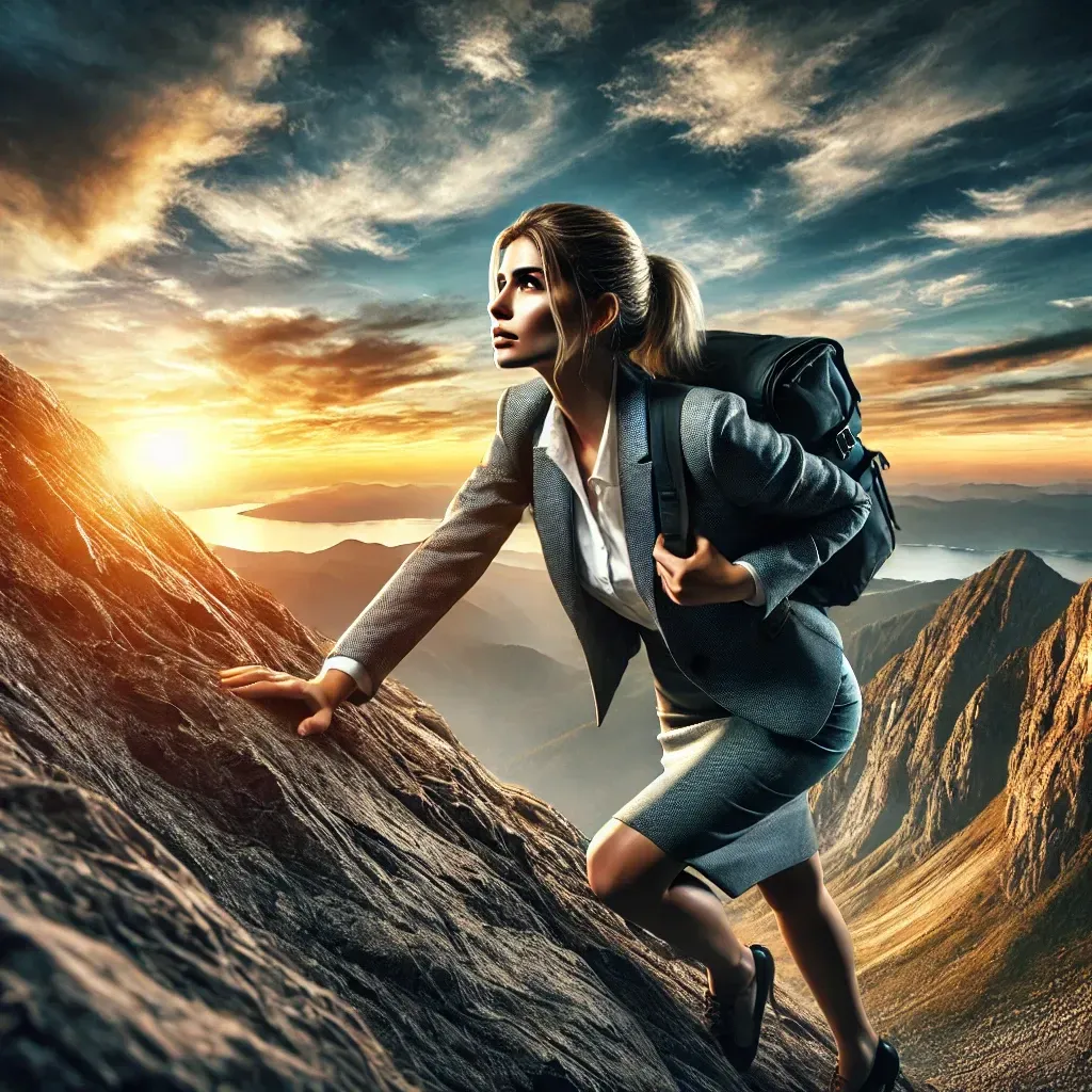 A businesswoman climbing a steep mountain