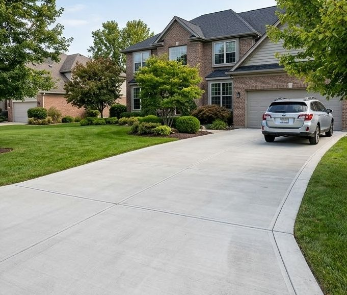Suburban house with a wide concrete driveway, green lawn, and a silver SUV parked near the garage