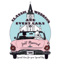 A pink convertible with a "Just Married" sign and a church illustration logo reads "Classic Wedding and Event Cars."