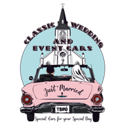 A pink convertible with a "Just Married" sign and a church illustration logo reads "Classic Wedding and Event Cars."