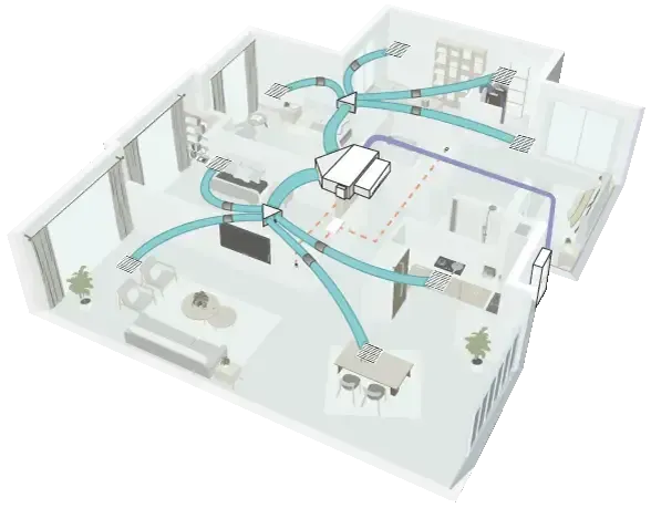 Floor Plan Of A Home With Blue Airflow Lines — Alpine Refrigeration & Air Conditioning in Wollongong, NSW Floor Plan Of A Home With Blue Airflow Lines — Alpine Refrigeration & Air Conditioning in Wollongong, NSW