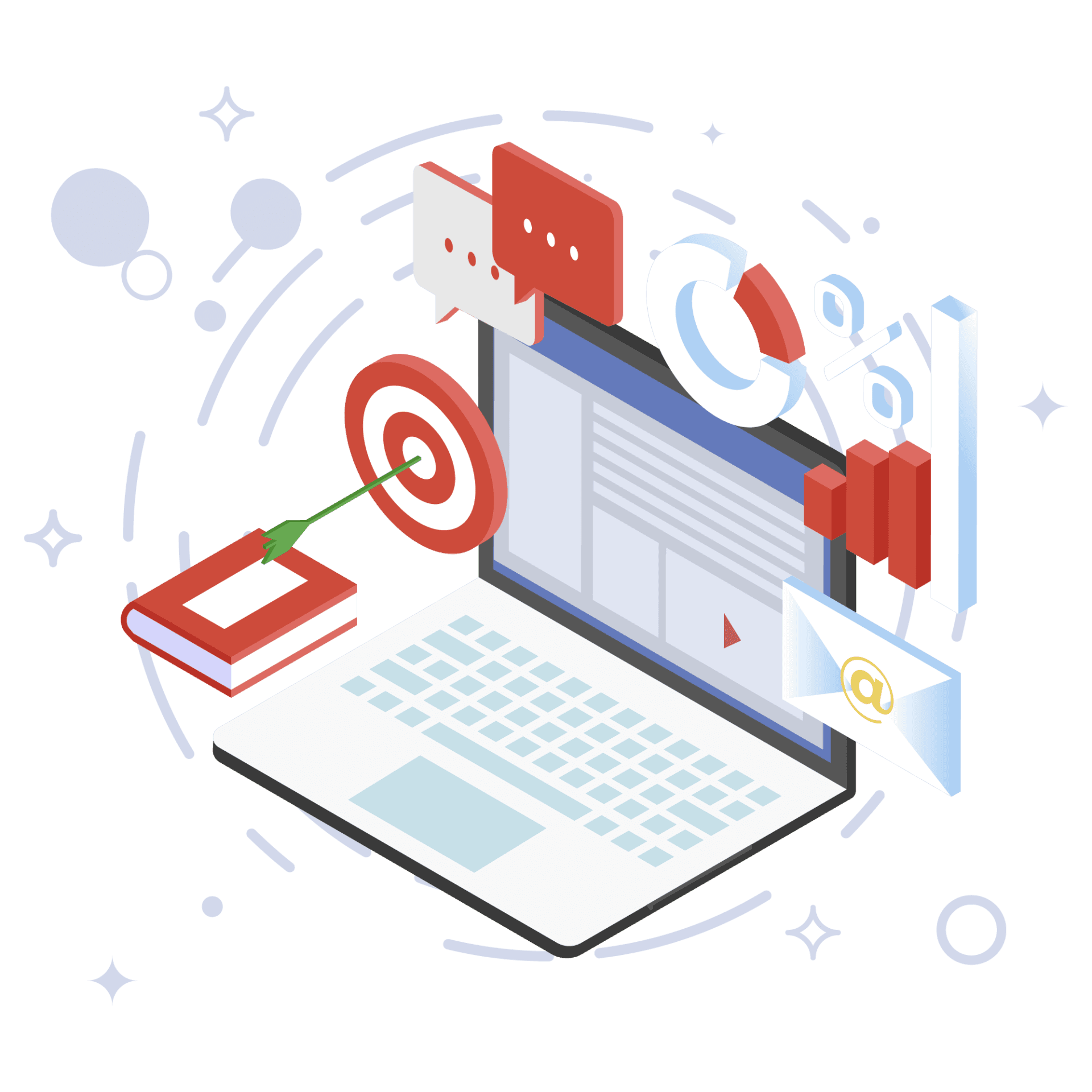 Content Marketers displays different areas to target - email market, social media post, and blog