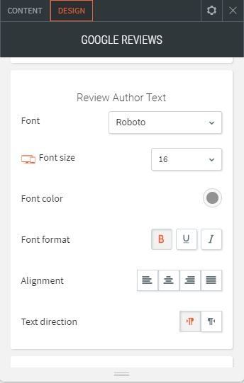 google reviews option for content setting up text style author text