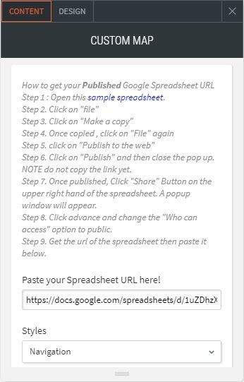 custom map option shows steps on how to get published google spreadsheet link