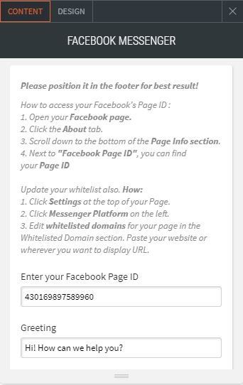 facebook messenger option enter facebook page id and greeting