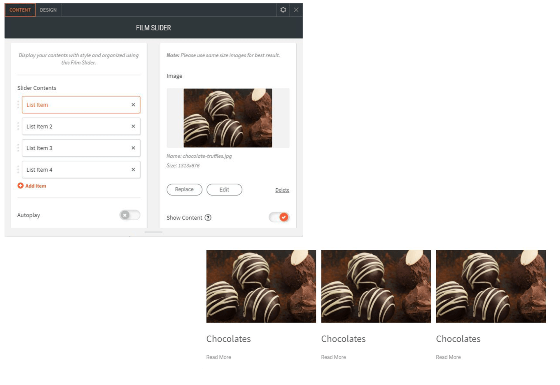 film slider options for content and design