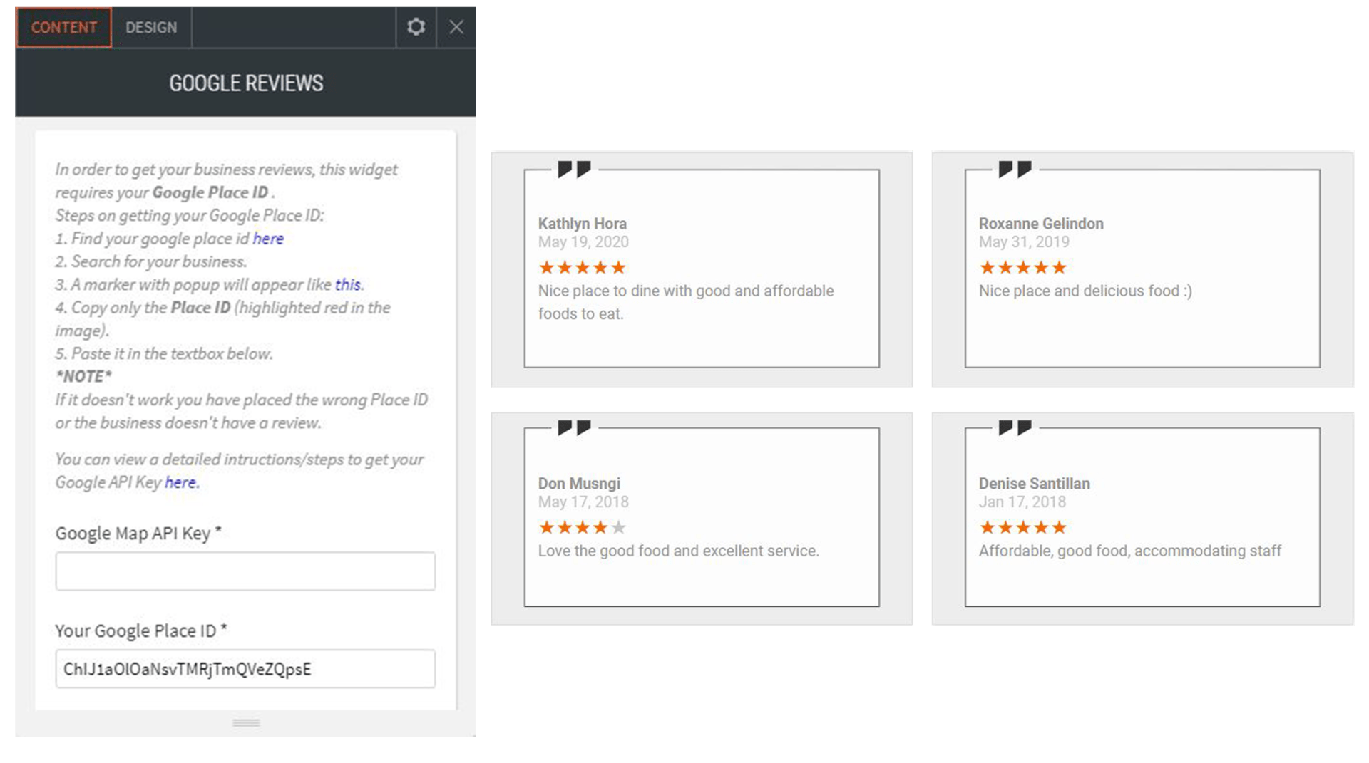 google reviews options for content and design