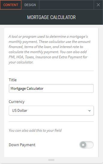 mortgage calculator option for content  adding title and currency