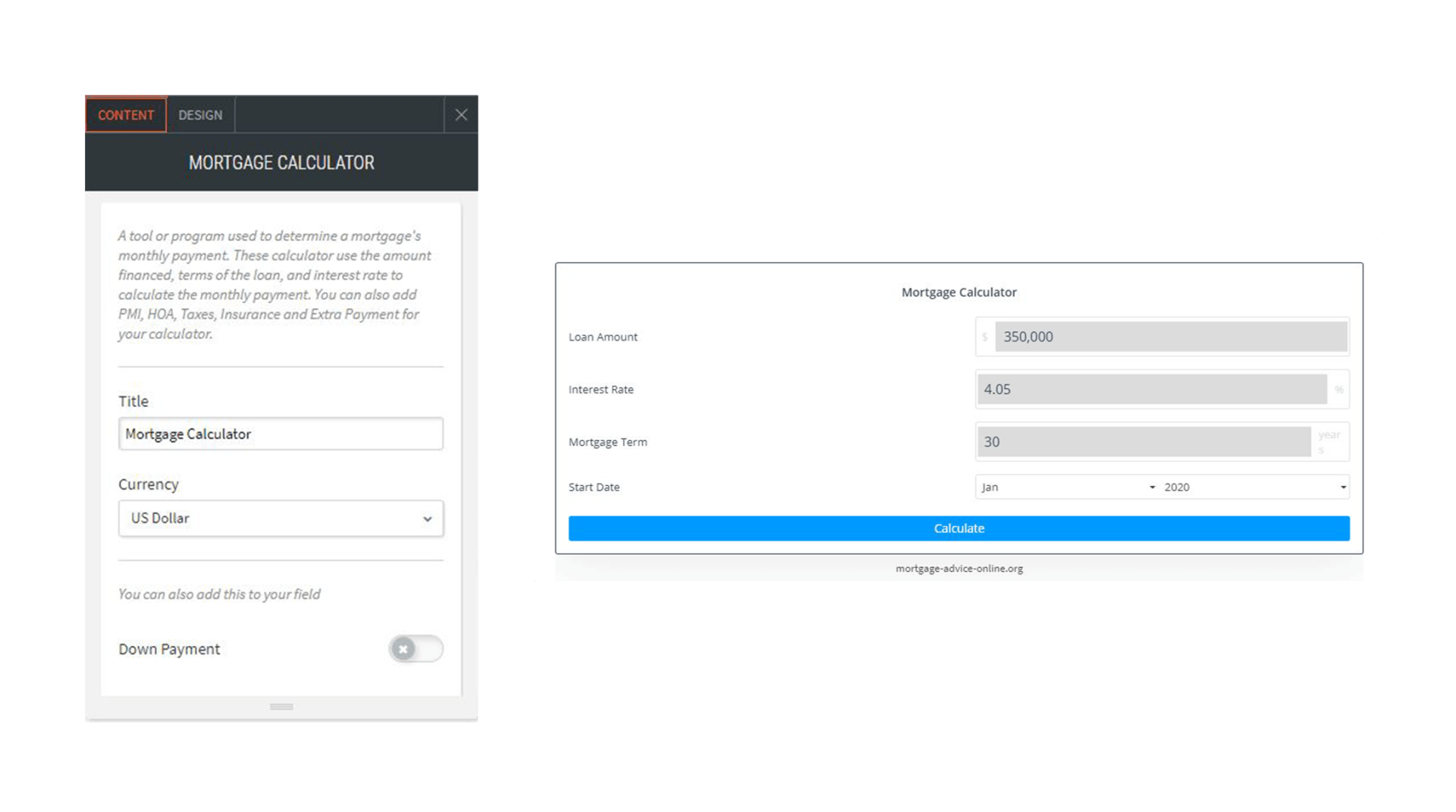 mortgage calculator options for content and design