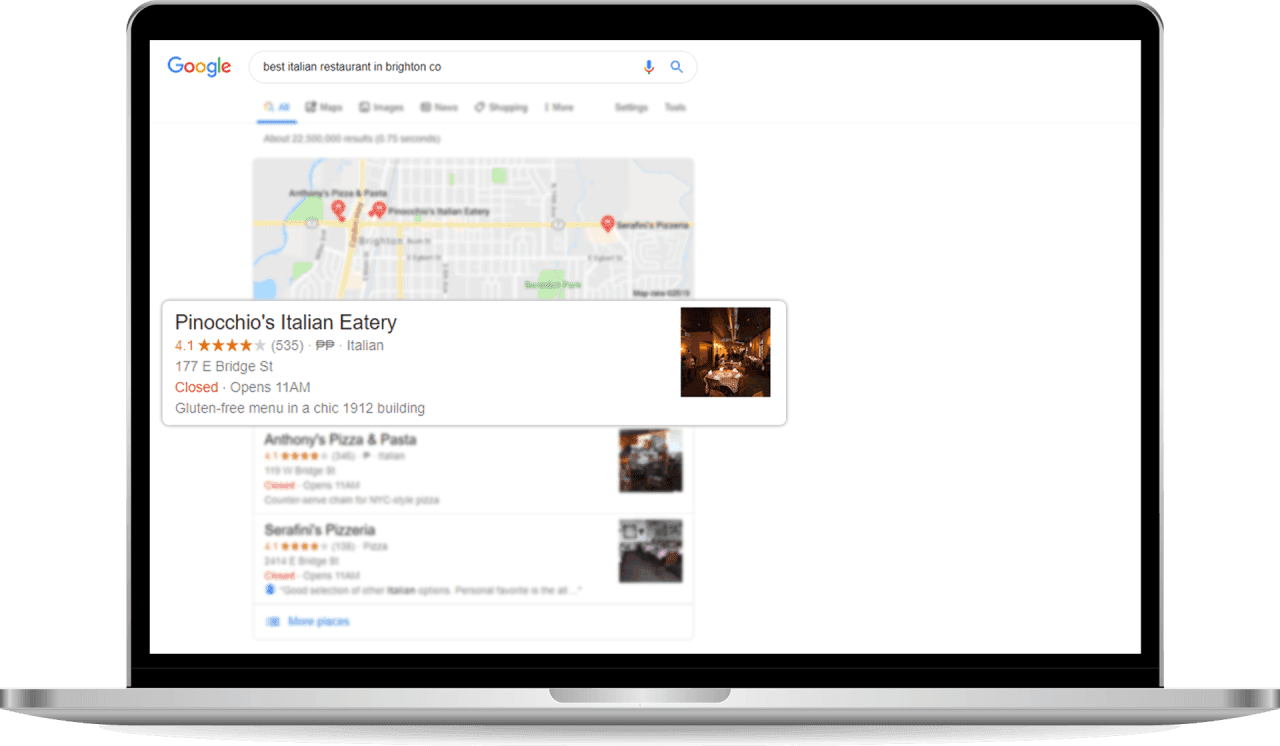 SEO expert in Denver helped Pinnochio's Italian Eatery reach a positive local 3-pack result on Laptop