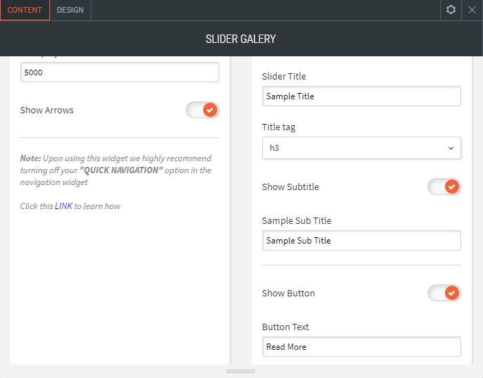 image slider options for contents adding titles, sub titles and buttons text