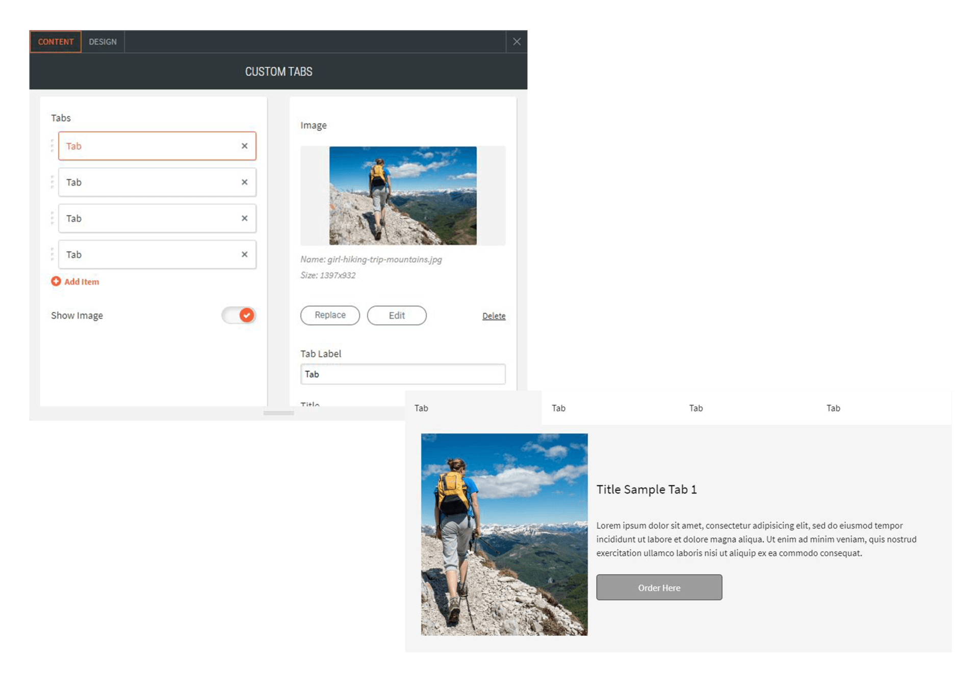 custom tabs options for content and design