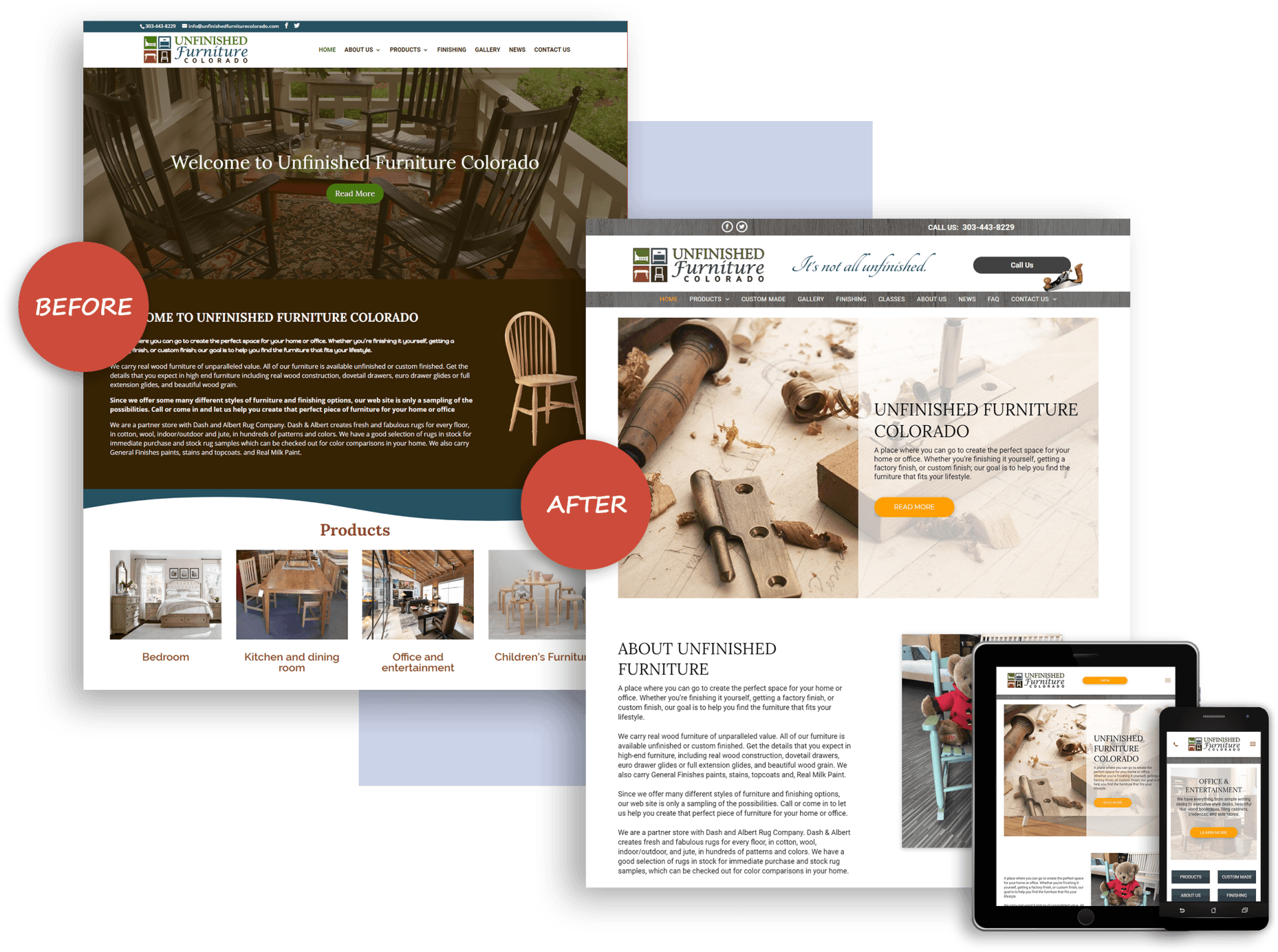 unfinished furniture colorado website before and after site design