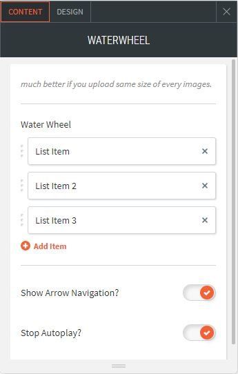 water wheel slider option for content adding items , show arrows and stop autoplay