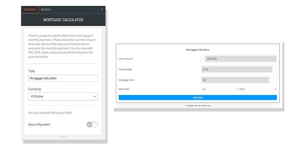 mortgage calculator widget shows option and output