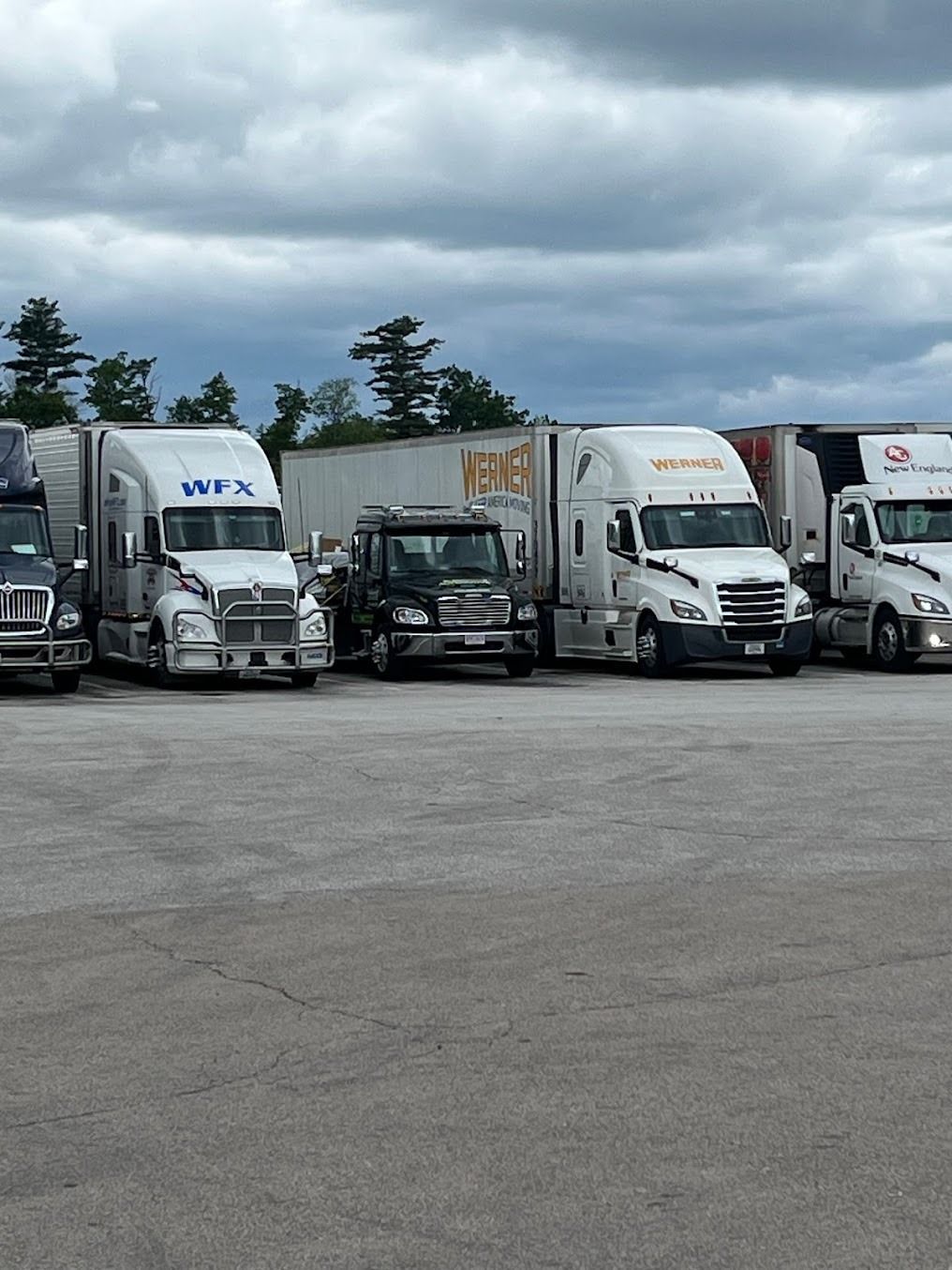 A row of semi trucks are parked in a parking lot
