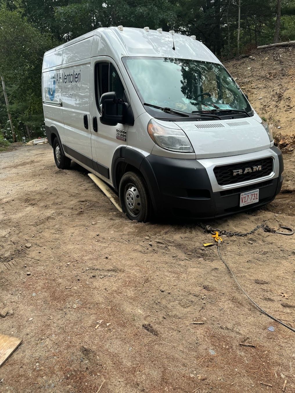 A white van is parked on the side of a dirt road.