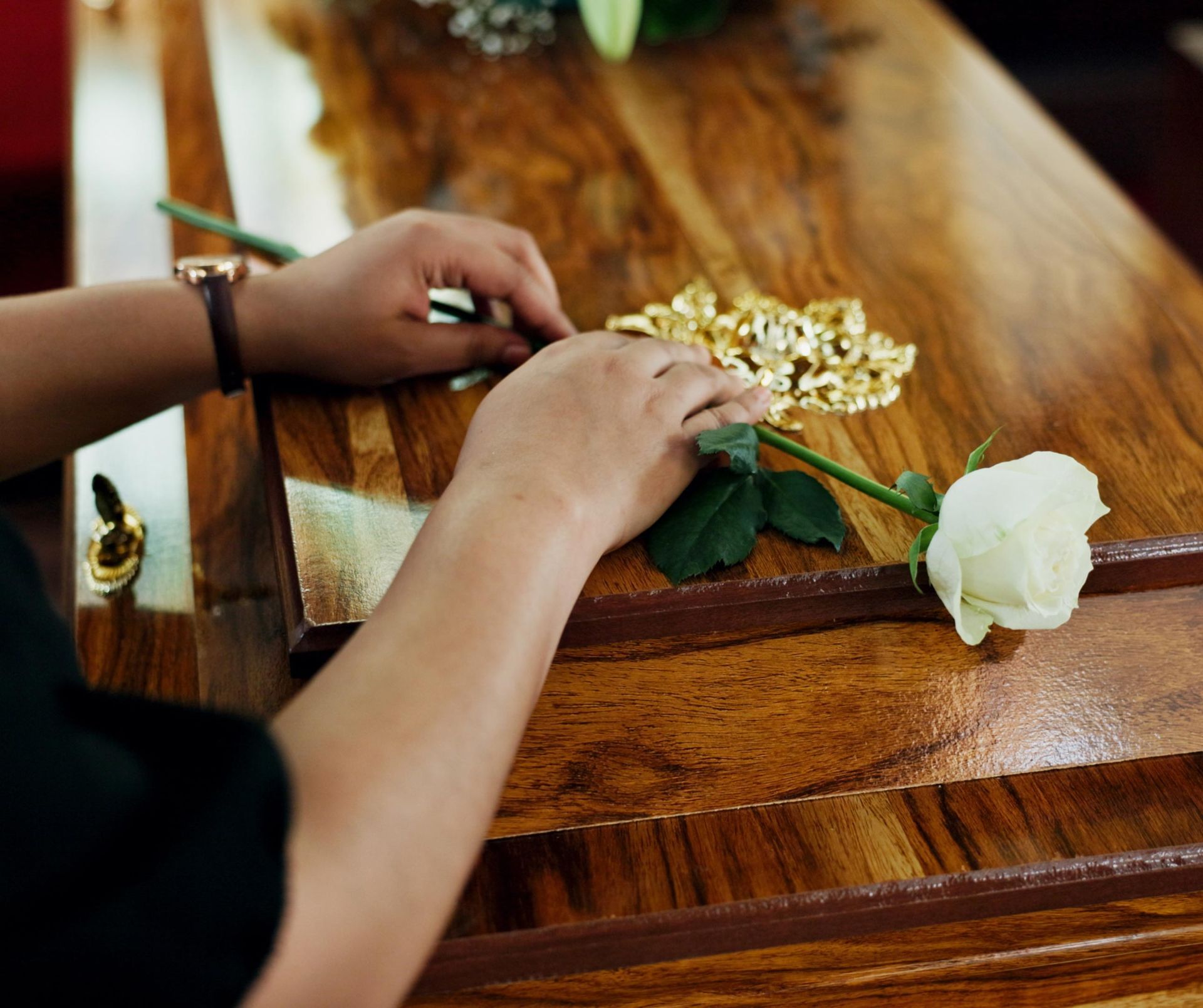 Hands placing a white rose on a wooden casket with polished brass handles.