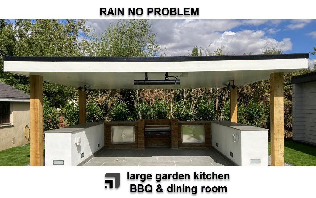 a picture of a large garden kitchen bbq and dining room