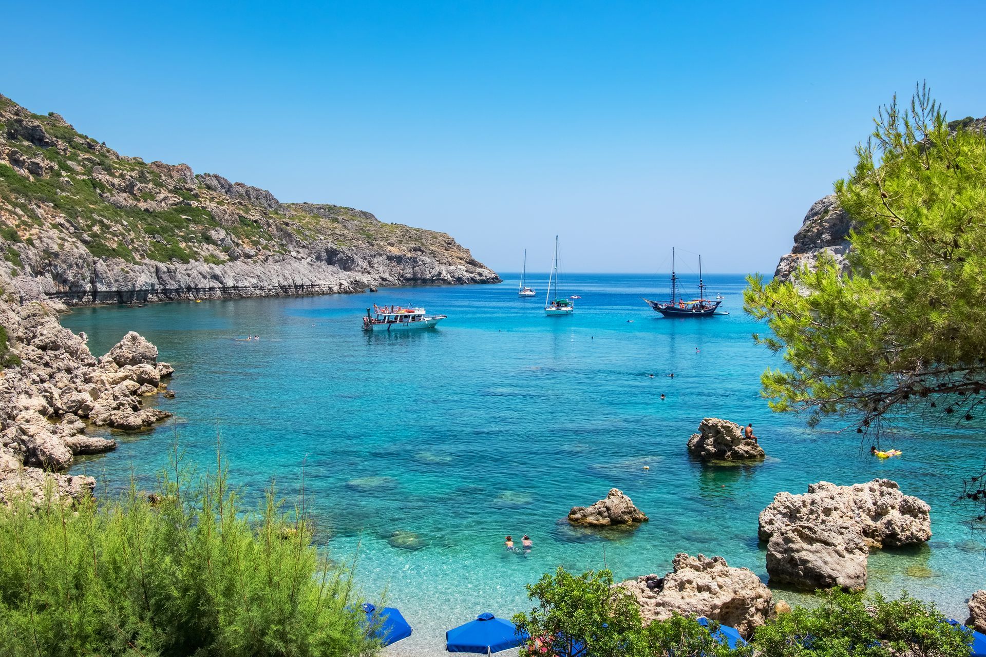 Turquoise bay with rocky shores, sailboats, and clear blue sky