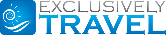 Exclusively Travel logo with blue wave icon and gray-blue text on white background