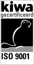 A black and white logo for kiwa gecertificeerd iso 9001