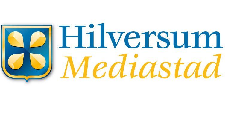 Een blauw en geel logo voor Hilversum Mediastad