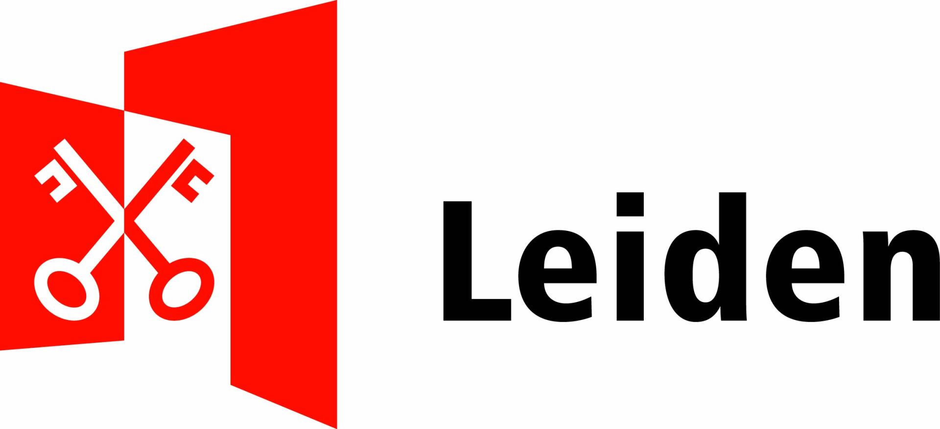 Een rood-wit logo voor leiden met twee gekruiste sleutels.