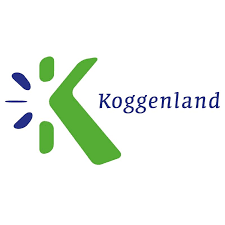 Een groen en blauw logo voor koggenland op een witte achtergrond.