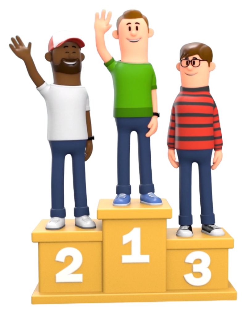 Drie tekenfilmfiguren staan ​​op een podium met de cijfers 1, 2 en 3 erop.