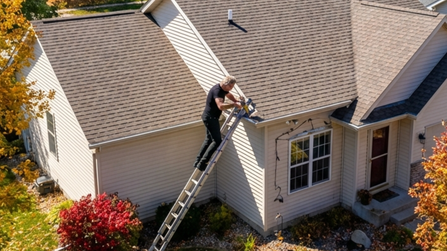 Man on a ladder repairs gutter on a house with brown roof and beige siding during autumn.