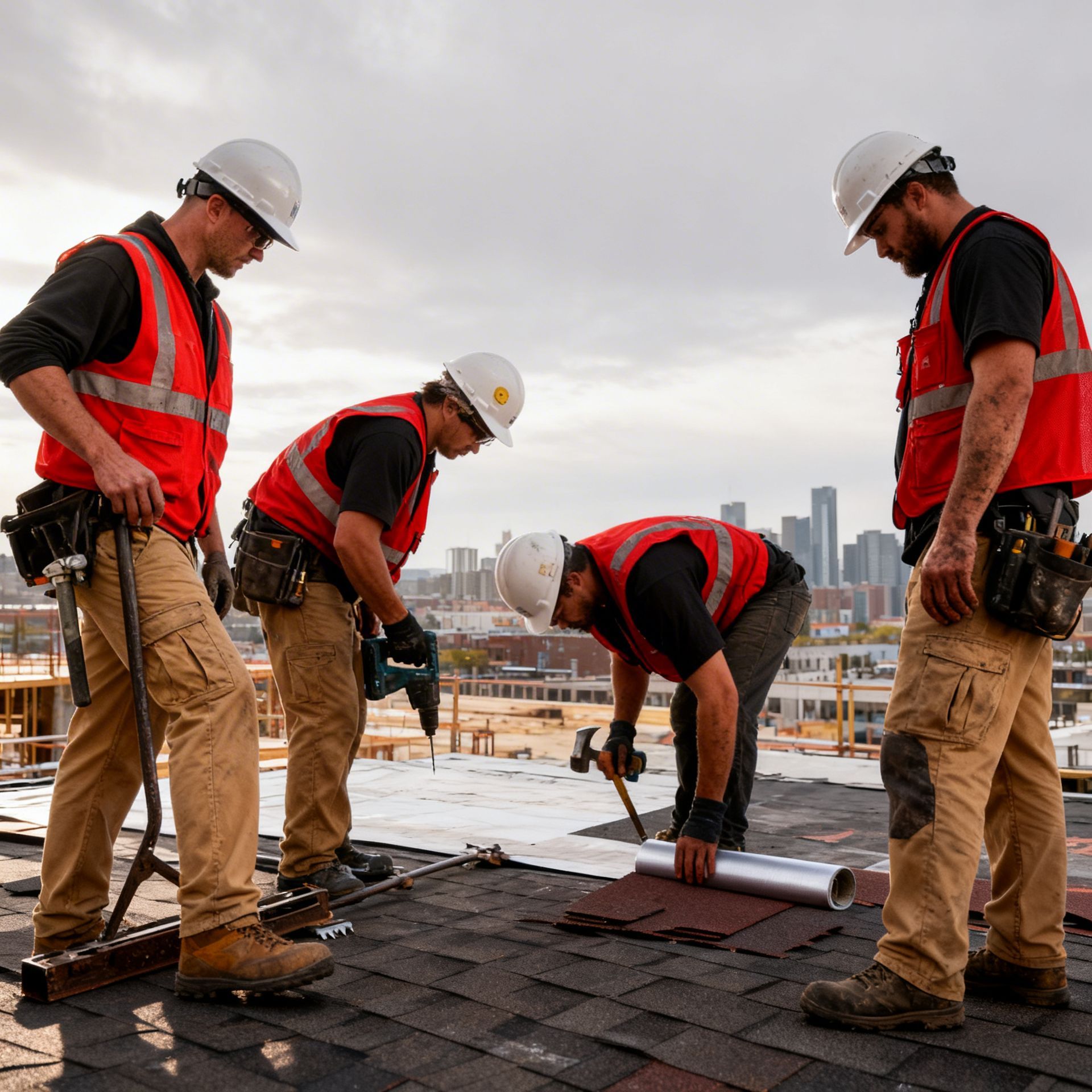 Construction workers installing roofing materials on a rooftop, wearing safety vests and hard hats.