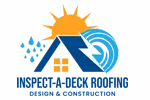 Logo for Inspect-A-Deck Roofing featuring a house icon with sun, rain, and wind symbols, with text below.