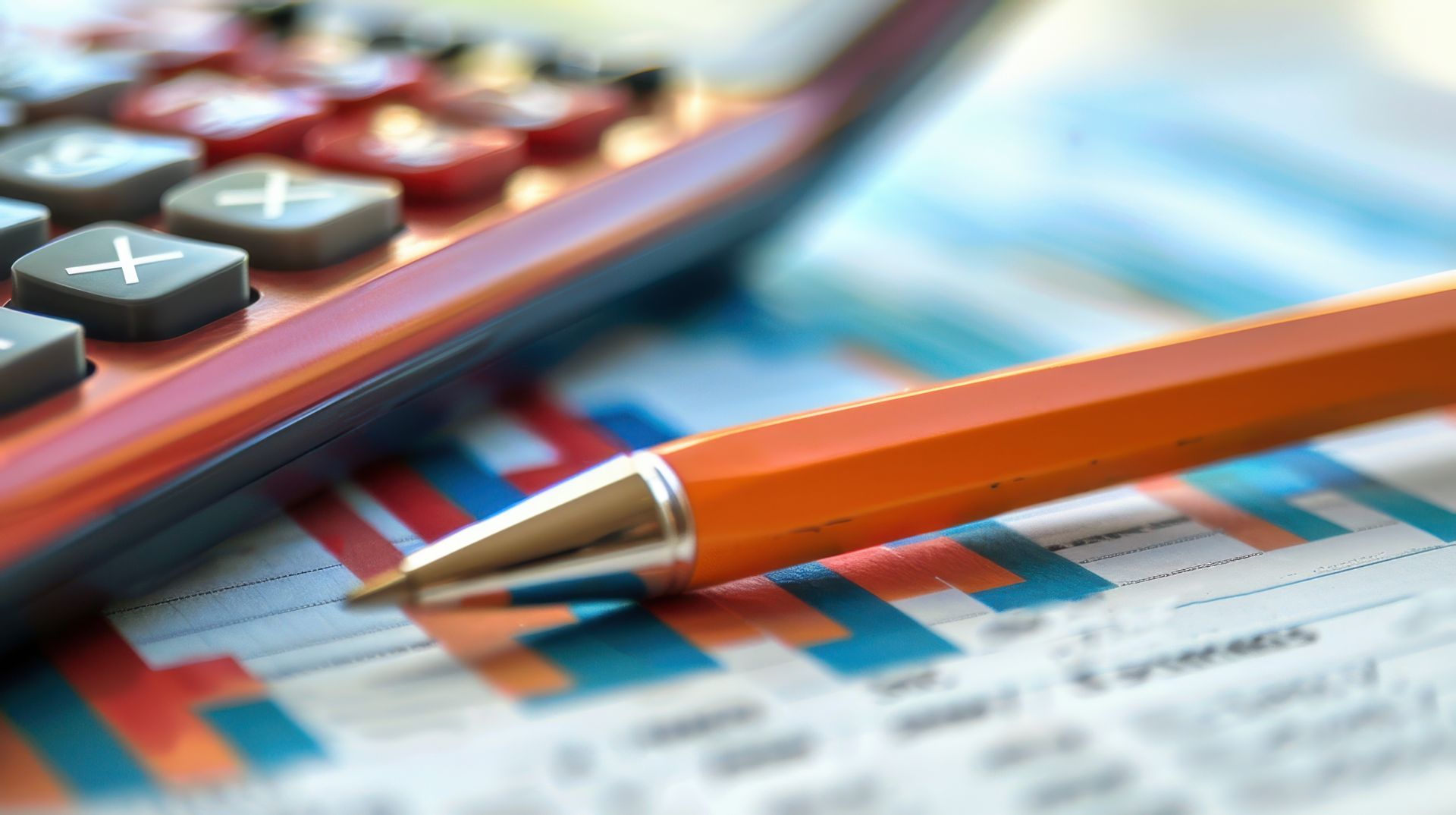 An orange pen and a calculator rest on a financial document featuring a colorful bar chart. An orange pen and a calculator rest on a financial document featuring a colorful bar chart.