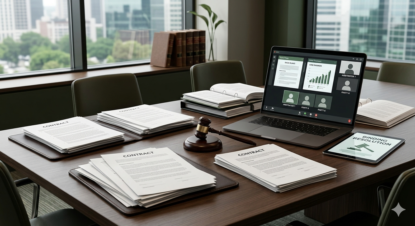 Participants attending an online arbitration hearing with a neutral arbitrator reviewing evidence