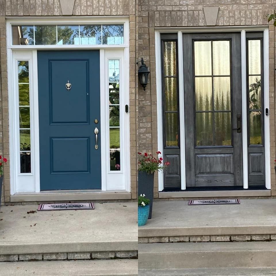 Two doors with a porch, before and after paint. The first door is teal, the second is gray.