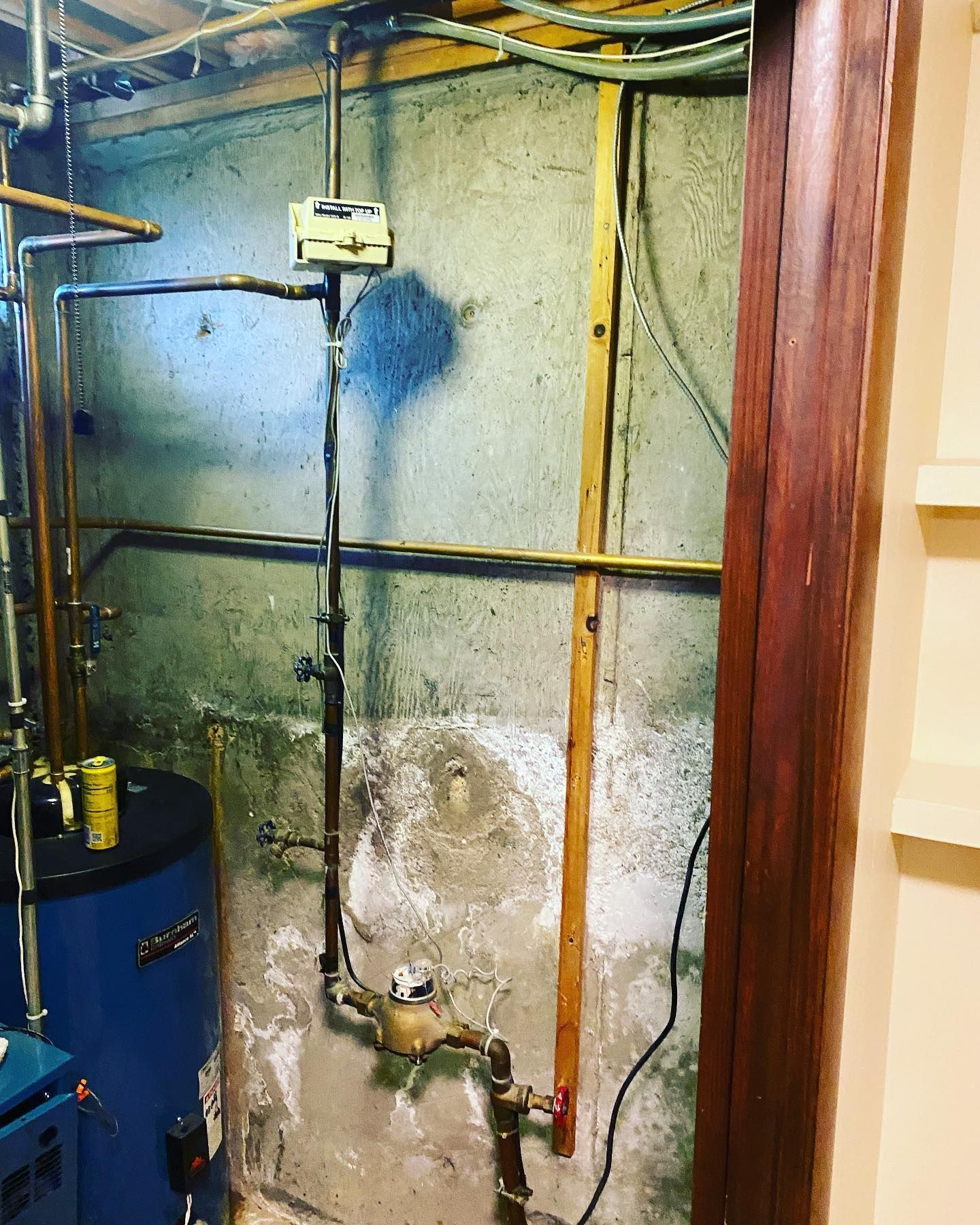 A blue water heater is sitting in a basement next to a wooden door.