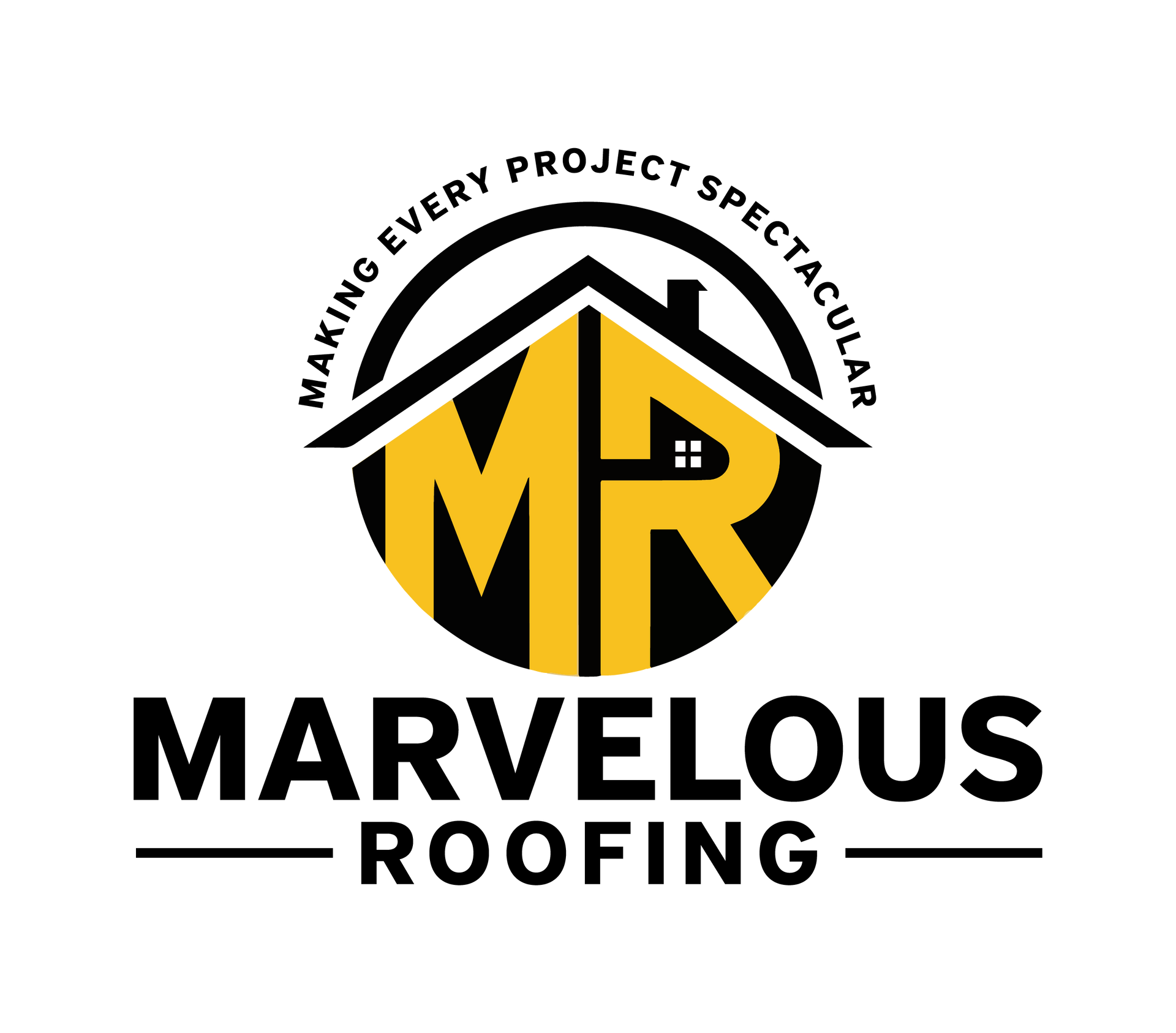 Logo of Marvelous Roofing, with a house silhouette, roof lines, two square windows, and the company's name.