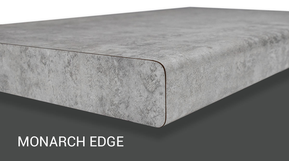 A concrete counter top with a monarch edge on it