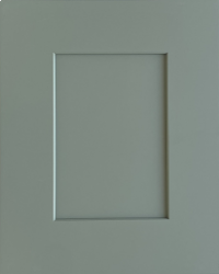 A close up of a gray cabinet door with a square frame.