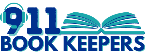 a logo for 911 book keepers with an open book
