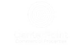 A white logo for center point commercial properties on a white background.