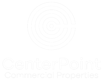 A white logo for center point commercial properties on a white background.