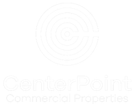 A white logo for center point commercial properties on a white background.