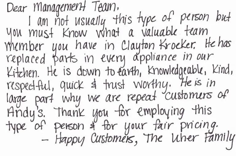 Handwritten letter praising Clayton Kroeker for appliance repairs.